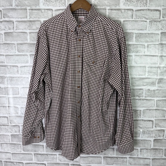 Brooks Brothers Dark Maroon Gingham Check Non-Iron Button Down Shirt Mens Large - Picture 2 of 7